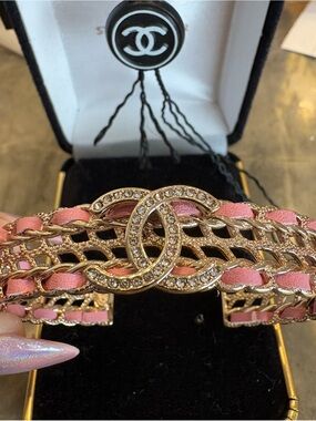 CHANEL Pink Leather Gold Crystal Double-C Chain Cuff Bracelet Nice !